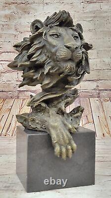 Signed Bronze Royal Lion Statue Sculpture Marble Bust Figurine Base Nr