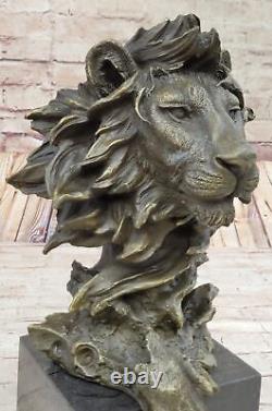 'Signed Bronze Royal Lion Statue Sculpture with Marble Base Figurine Art'
