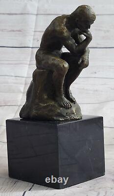 Signed Bronze Sculpture Chair Male French Rodin The Thinker on Marble Statue