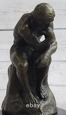 Signed Bronze Sculpture Chair Male French Rodin The Thinker on Marble Statue