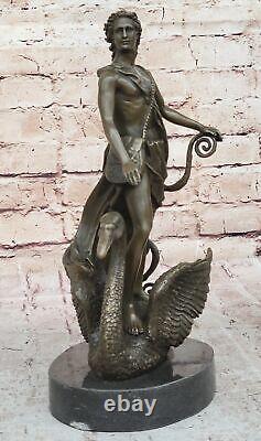 Signed Bronze Sculpture Chair Male Mythology Art Detailed Statue on Marble Base