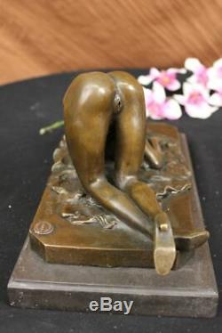 Signed Bronze Sculpture Erotic Art Deco Chair Figurine Statue Marble Base