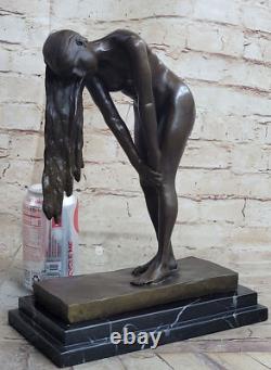 Signed Bronze Sculpture, High-Quality Art Deco Nude Girl, Marble Base Art