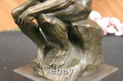 Signed Bronze Sculpture Male French Rodin The Thinker Statue on Marble