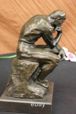 Signed Bronze Sculpture Male French Rodin The Thinker Statue on Marble