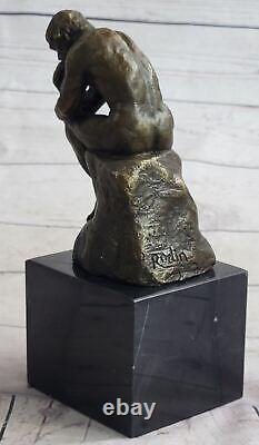 Signed Bronze Sculpture Male French Rodin The Thinker on Marble Statue