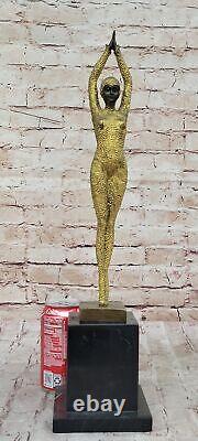 Signed Bronze Sculpture Rare Art Deco Chiparus Statue on Marble Base Gold Patina