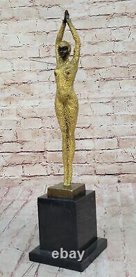 Signed Bronze Sculpture Rare Art Deco Chiparus Statue on Marble Base Gold Patina