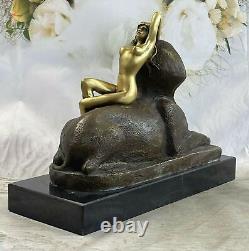 Signed Bronze Sculpture Sphinx Chair Nymph Mythology Statue on Marble Figure