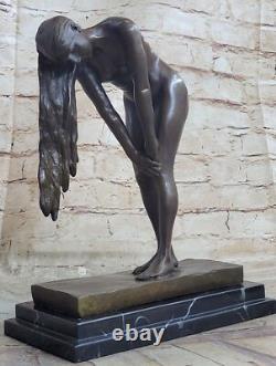 Signed Bronze Sculpture Statue, High-Quality Art Deco Nude Girl, Marble Base Nr