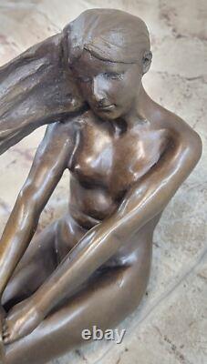 Signed Bronze Sculpture Statue, High-Quality Art Deco Nude Girl, Marble Base Nr