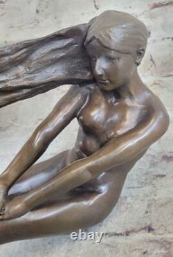 Signed Bronze Sculpture Statue, High-Quality Art Deco Nude Girl, Marble Base Nr
