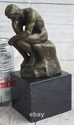 'Signed Bronze Sculpture of Male French Rodin's The Thinker on Marble Base'