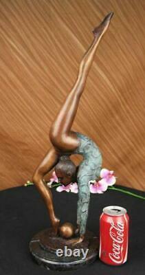 Signed Bronze Statue Art Deco Gymnast Sculpture On Marble Base Figure Artwork