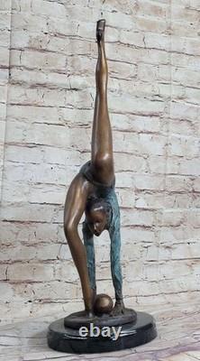 Signed Bronze Statue Art Deco Gymnast Sculpture on Marble Base