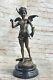 Signed Bronze Statue Cupid Cherub Sculpture On Marble Base Art Deco Sale