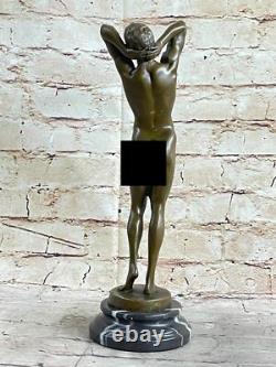 Signed Bronze Statue Gay Art Deco Nude Sculpture Figurine Marble Base Art Figurine