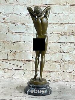 Signed Bronze Statue Gay Art Deco Nude Sculpture Figurine Marble Base Art Statue