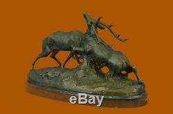 Signed Bronze Statue Reindeer Deer Hunter Elks Detailed Sculpture On Marble Base