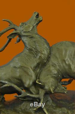 Signed Bronze Statue Reindeer Deer Hunter Elks Detailed Sculpture On Marble Base