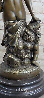 Signed Bronze Statue Woman With / Cherub Angel Figurine Marble Flesh Sculpture