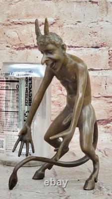 Signed Bronze Statue of an Erotic Nude Satyr Faun Sculpture Detail on Marble