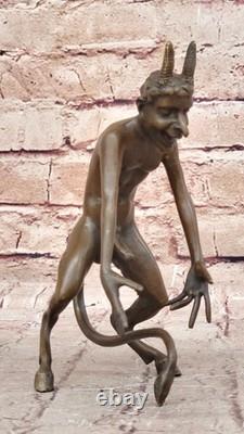 Signed Bronze Statue of an Erotic Nude Satyr Faun Sculpture Detail on Marble