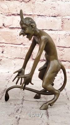 Signed Bronze Statue of an Erotic Nude Satyr Faun Sculpture Detail on Marble