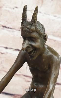 Signed Bronze Statue of an Erotic Nude Satyr Faun Sculpture Detail on Marble