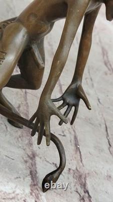 Signed Bronze Statue of an Erotic Nude Satyr Faun Sculpture Detail on Marble