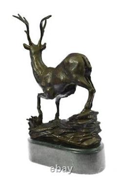 Signed Bronze Villanis Buck Male Renne Hunting Cerf Sculpture Marble Base Figurine