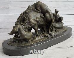 Signed Bronze Wild Boar Hunting Dogs Animal Sculpture Art Gift Nr