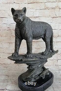 Signed Bronze on Marble Mountain Lion Puma Cougar Cat Statue Sculpture Art