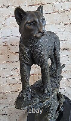 Signed Bronze on Marble Mountain Lion Puma Cougar Cat Statue Sculpture Art