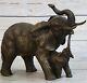 Signed Bugatti Elephant With Baby Fauna Bronze Sculpture Marble Statue
