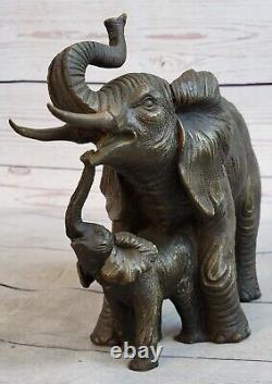 Signed Bugatti Elephant with Baby Fauna Bronze Sculpture Marble Statue