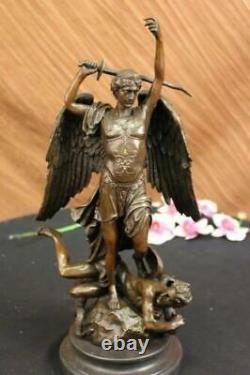 Signed Carpeaux Good vs Evil Angel Striking Devil Bronze Marble Sculpture Statue