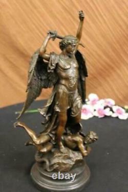 Signed Carpeaux Good vs Evil Angel Striking Devil Bronze Marble Sculpture Statue