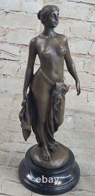 Signed Cesaro French Artist Flesh Girl Bronze Art Deco Marble Cast Iron