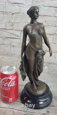 Signed Cesaro French Artist Flesh Girl Bronze Art Deco Marble Cast Iron