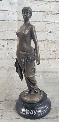 Signed Cesaro French Artist Flesh Girl Bronze Art Deco Marble Cast Iron