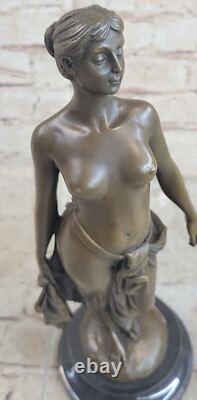 Signed Cesaro French Artist Flesh Girl Bronze Art Deco Marble Cast Iron
