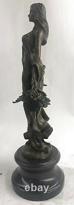 Signed Cesaro Young Woman With Long Stem Bronze Fruit Marble Decorative Base