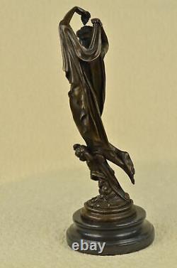 Signed Chair Woman With Bronze Angel Statue Art Deco Hot Iron Marble Figurine