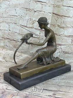 Signed Chiparus Girl With Parrot Bronze Statue Marble Base Sculpture Decor