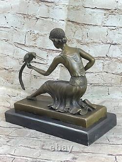 Signed Chiparus Girl With Parrot Bronze Statue Marble Base Sculpture Decor