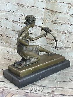 Signed Chiparus Girl With Parrot Bronze Statue Marble Base Sculpture Decor