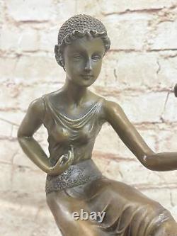 Signed Chiparus Girl With Parrot Bronze Statue Marble Base Sculpture Decor