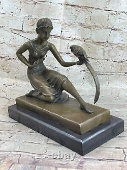 Signed Chiparus Girl with Parrot Bronze Statue Marble Base Sculpture Decor