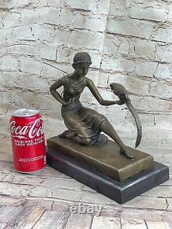 Signed Chiparus Girl with Parrot Bronze Statue Marble Base Sculpture Decor